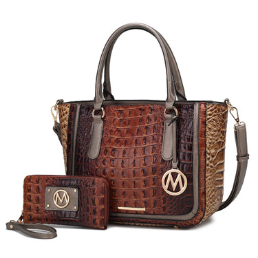 Bonnie Faux Crocodile-Embossed Vegan Leather Womenâ€™s Satchel Handbag with Wallet Bag - 2 pieces